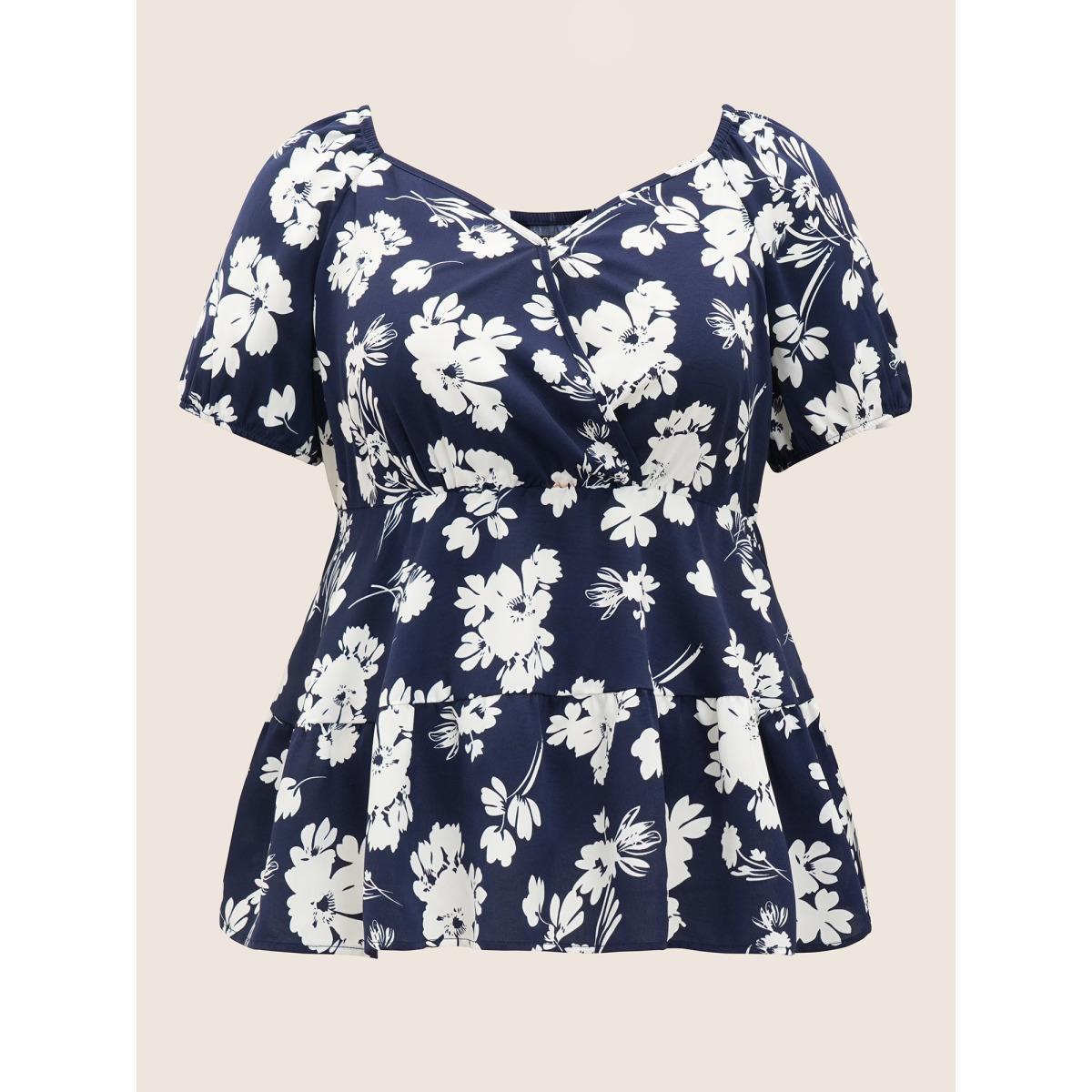 Plus Size Indigo Silhouette Floral Print Surplice Neck Blouse Women Elegant Short sleeve Heart neckline Everyday Blouses BloomChic 12/L Product Image