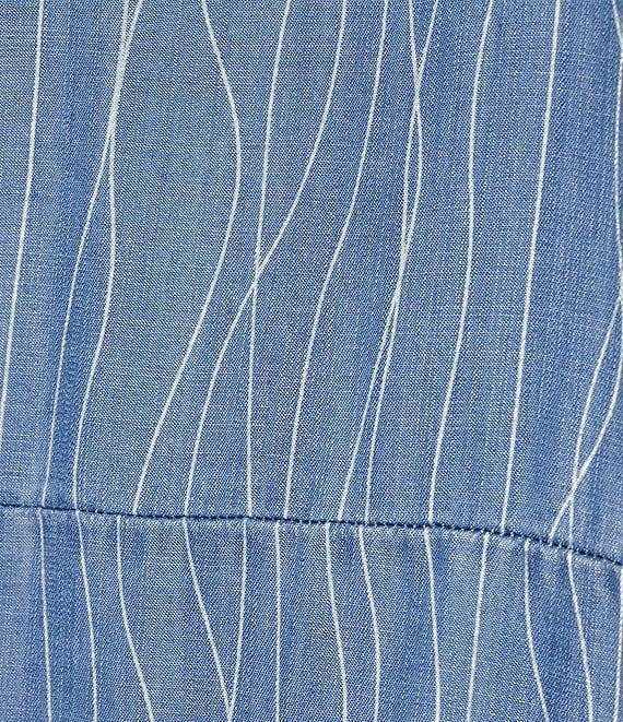 Multiples Petite Size Slub Woven Printed Stand Collar 3/4 Drawstring Sleeve Hi-Low Hem Button Front Shirt Product Image