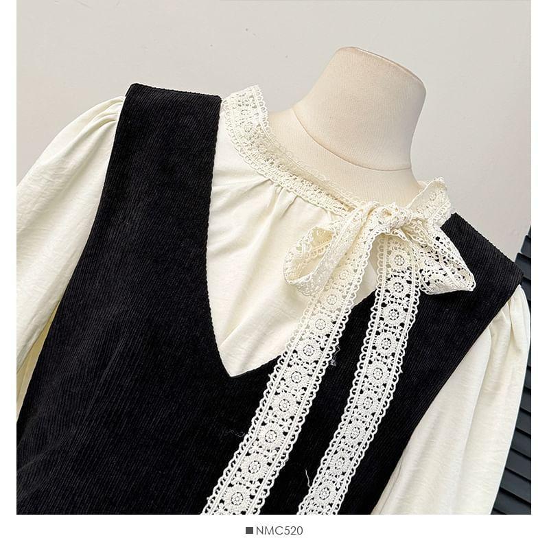 Set: Lace-Trim Loose Blouse + Sleeveless V-Neck Midi Dress with Sash Product Image