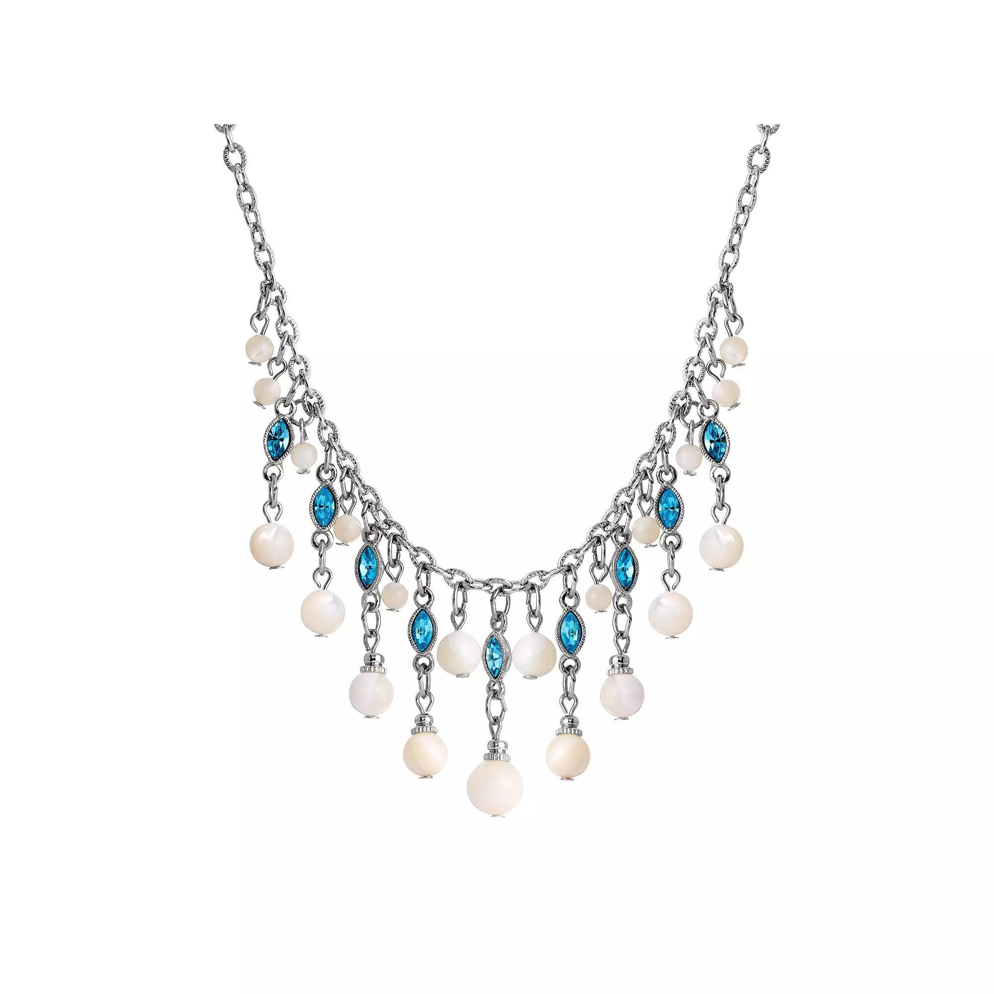 1928 Silver Tone Aqua and Simulated Oval Pearl Necklace, Womens, White Product Image