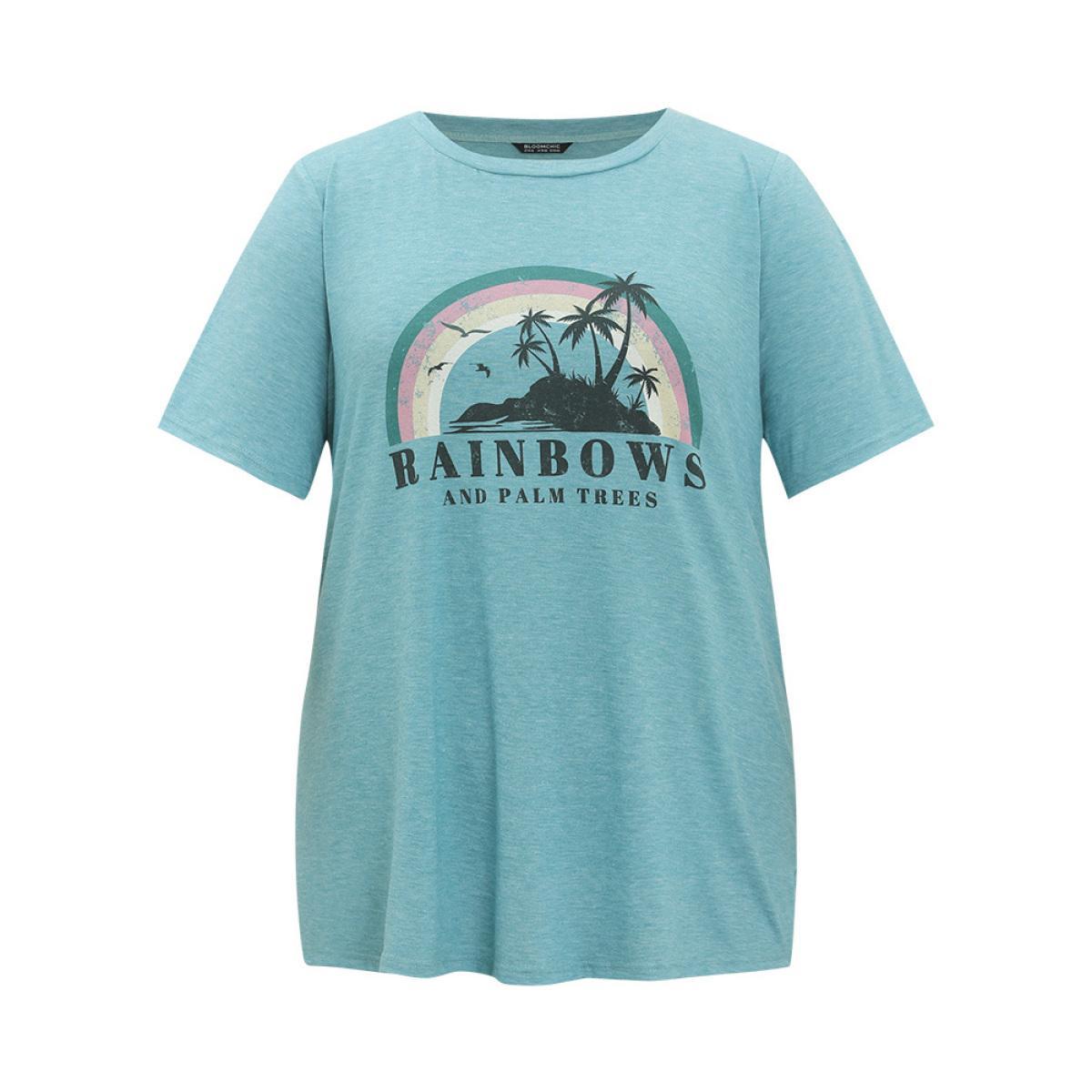 Plus Size Rainbow & Letter Print Short Sleeve T-shirt Cerulean Women Casual Tropical Dailywear T-shirts BloomChic 18-20/2X Product Image