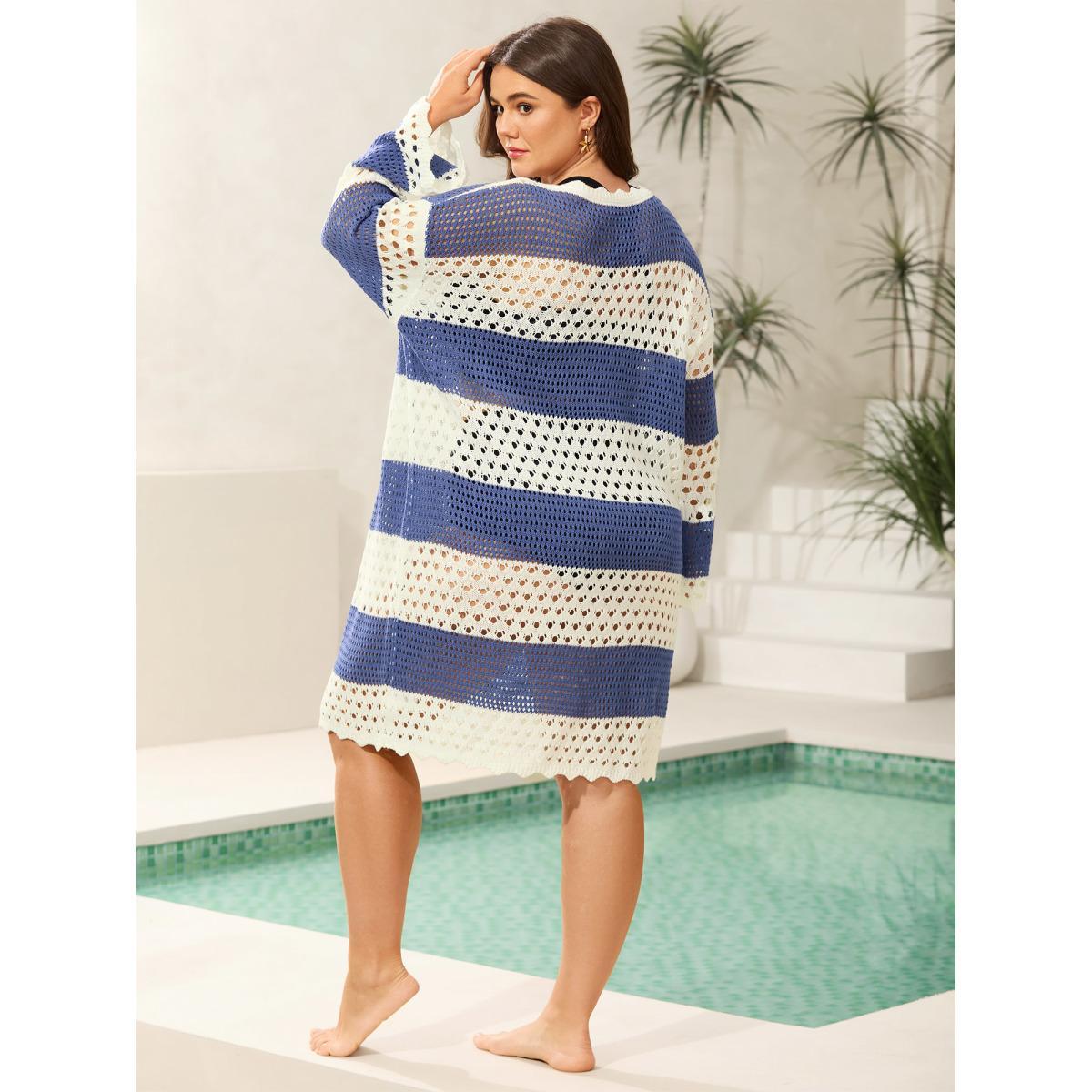 Plus Size Striped Cut-Out Color Contrast Swim Cover-Up Women's Swimwear Indigo Beach Loose Contrast Curve Swim Cover Ups BloomChic 26/4X Product Image