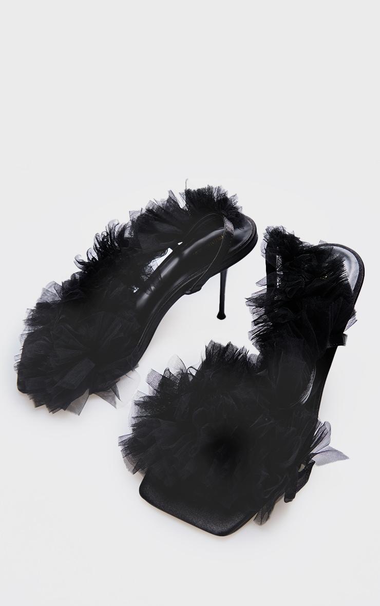 Black Mesh Square Toe Ruffle Asymmetric Sling Back Heeled Sandals Product Image