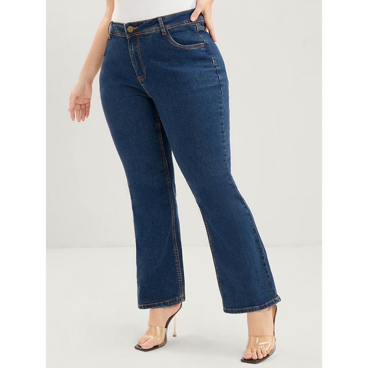 Plus Size Bootcut Slightly Stretchy High Rise Dark Wash Jeans Women Indigo Casual Plain Plain Low stretch Pocket Jeans BloomChic 12/L Product Image