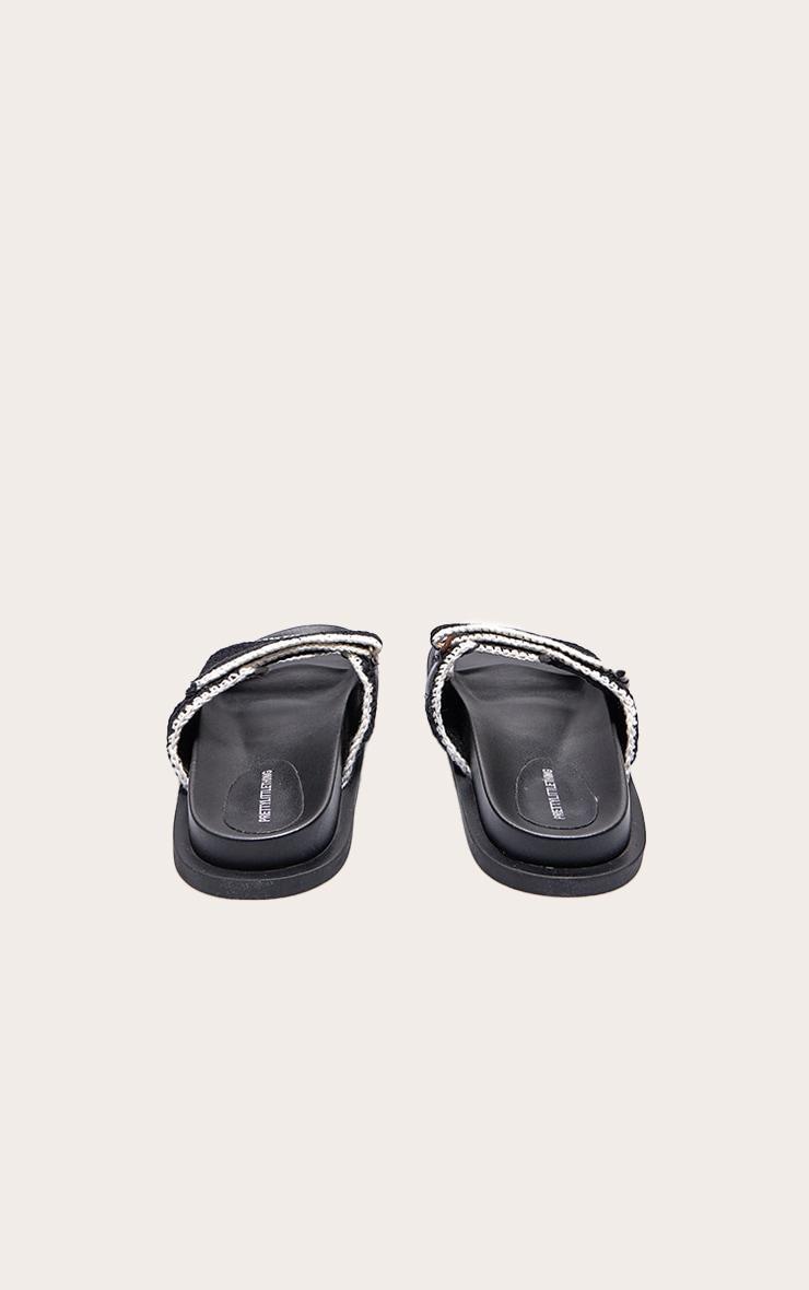 Black Contrast Round Toe Crochet Velcro Strap Flat Footbed Sandals Product Image
