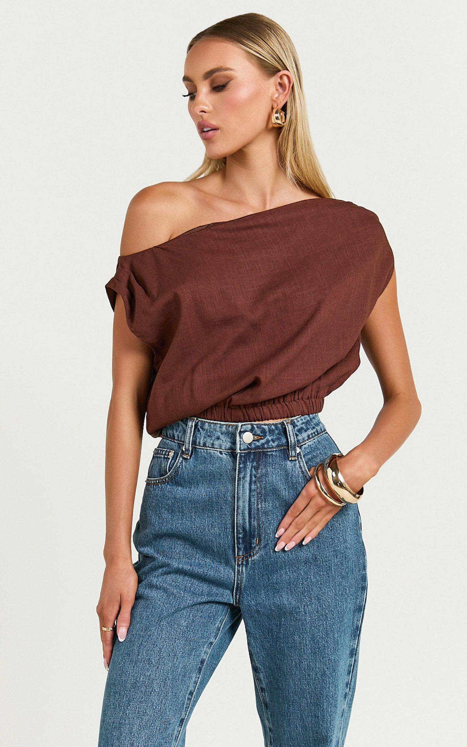 Collins Linen Top - Draped Asymmetrical Neckline Top in Chocolate Product Image