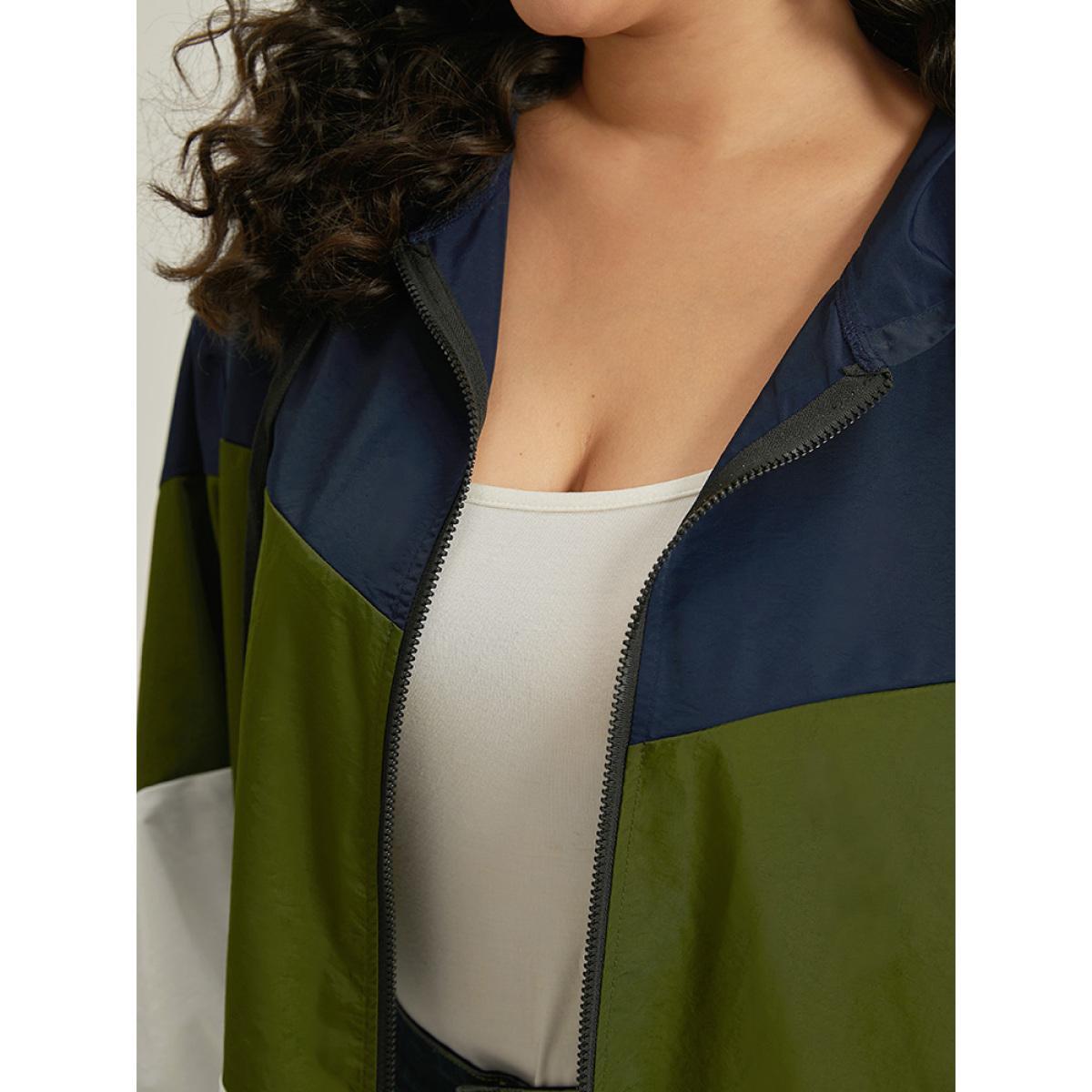 Plus Size Colorblock Contrast Drawstring Hooded Zipper Jacket Women ArmyGreen Elastic cuffs Pocket Dailywear Jackets BloomChic 18-20/2X Product Image