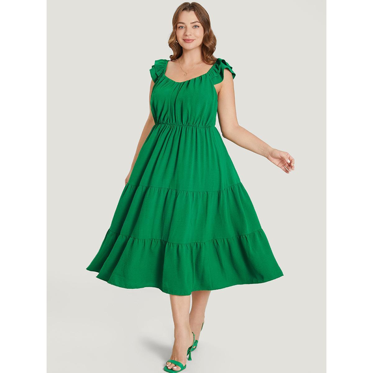 Plus Size Plain Ruffle Tiered Pocket Elastic Waist Cami Dress Green Women Elegant Gathered V-neck Sleeveless Curvy Midi Dress BloomChic 10/M Product Image