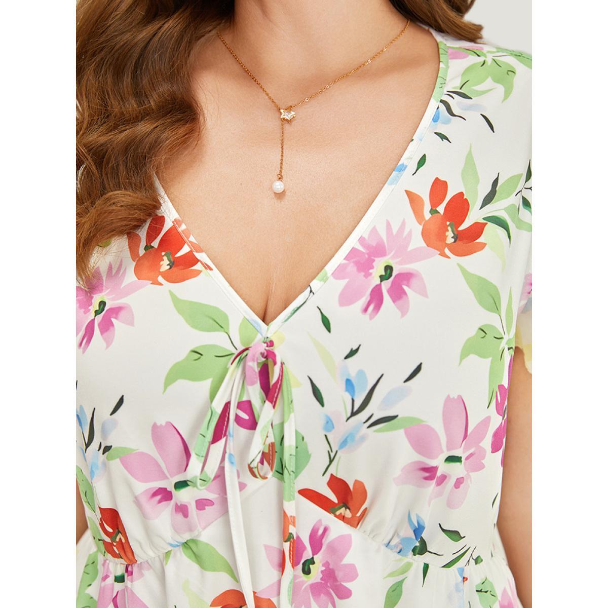 Plus Size Floral Knot Neck Pocket Cap Sleeve Ruffle Trim Dress Multicolor Women Elegant Knotted V-neck Cap Sleeve Curvy Midi Dress BloomChic 26/4X Product Image