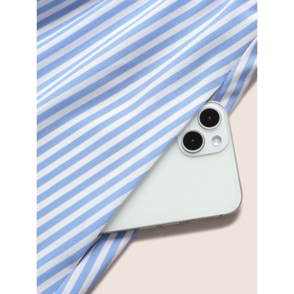 Plus Size Striped Puff Sleeve Button Detail Midi Dress Skyblue Women At the Office Gathered V-neck Short sleeve Curvy BloomChic 18-20/2X Product Image