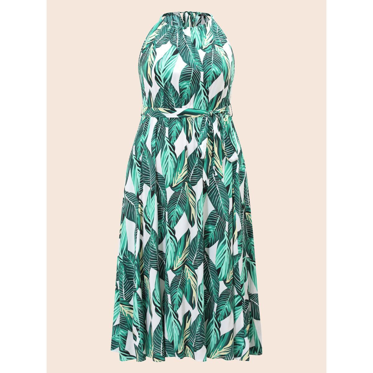 Plus Size Tropical Print Knotted Pocket Ruffles Belted Halter Dress Emerald Women Resort Non Halter neck Sleeveless Curvy Midi Dress BloomChic 10/M Product Image