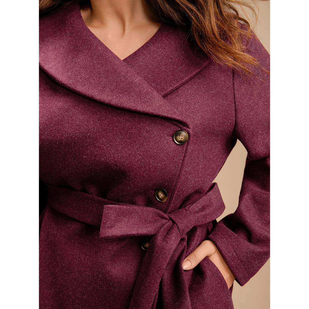 Plus Size Solid Foldover Collar Pocket Asymmetrical Hem Belted Coat Women Burgundy Elegant Cross straps Ladies Dailywear Winter Coats BloomChic 12/L Product Image