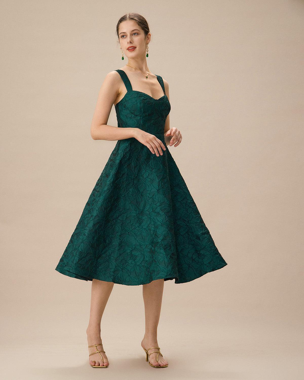 Green Sweetheart Neck Jacquard Midi Dress Product Image