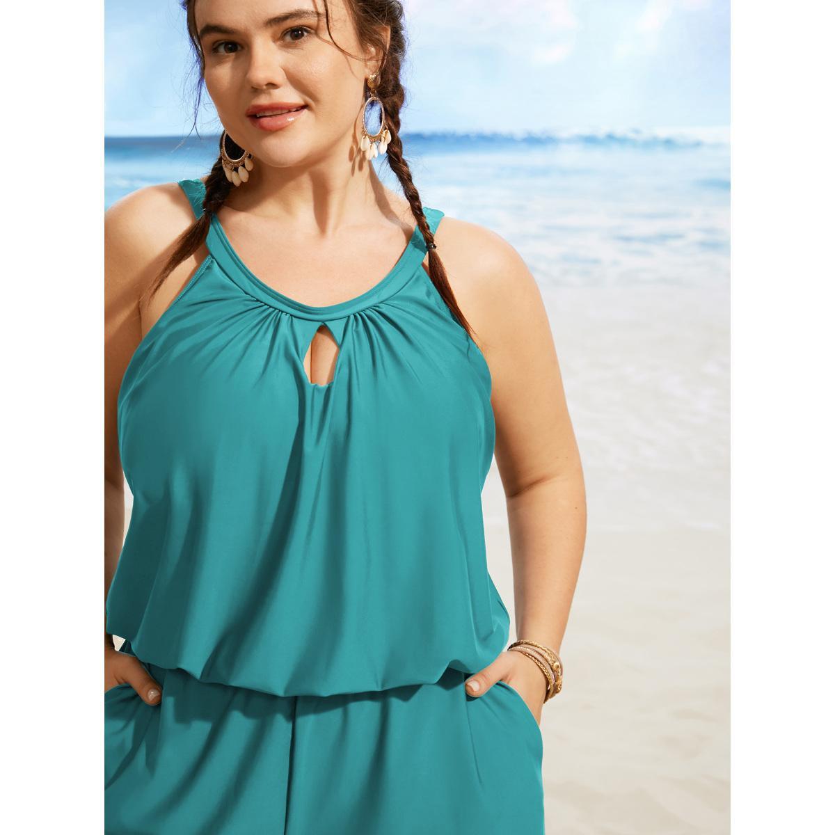 Plus Size Solid Keyhole Elastic Waist Gathered One Piece Swimsuit Women's Swimwear Emerald Beach Gathered Curve Bathing Suits High stretch One Pieces BloomChic 18-20/2X Product Image
