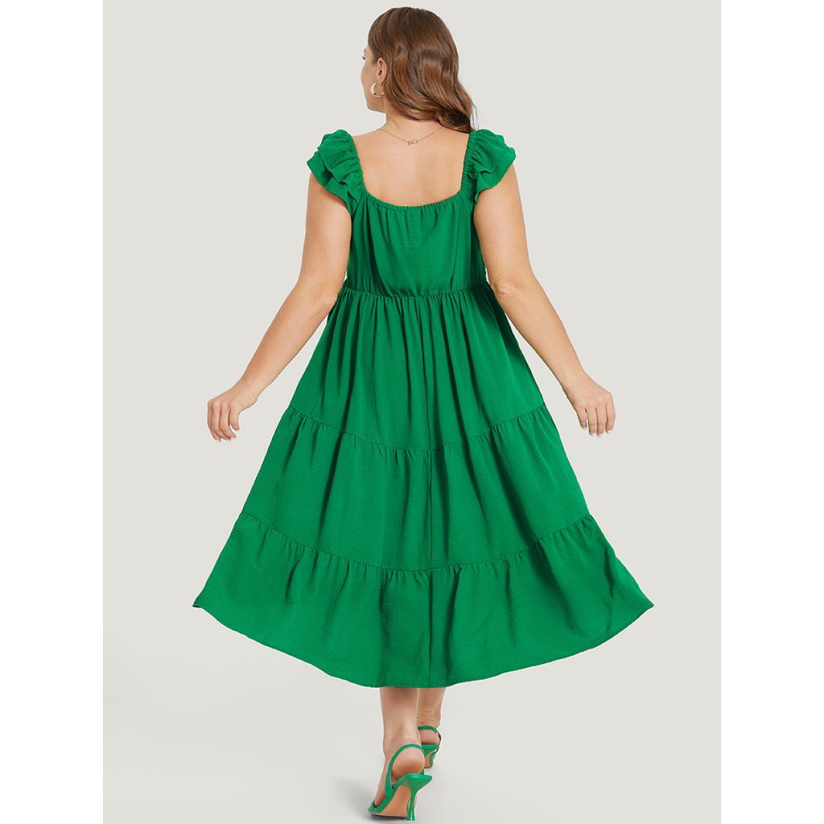 Plus Size Plain Ruffle Tiered Pocket Elastic Waist Cami Dress Green Women Elegant Gathered V-neck Sleeveless Curvy Midi Dress BloomChic 10/M Product Image