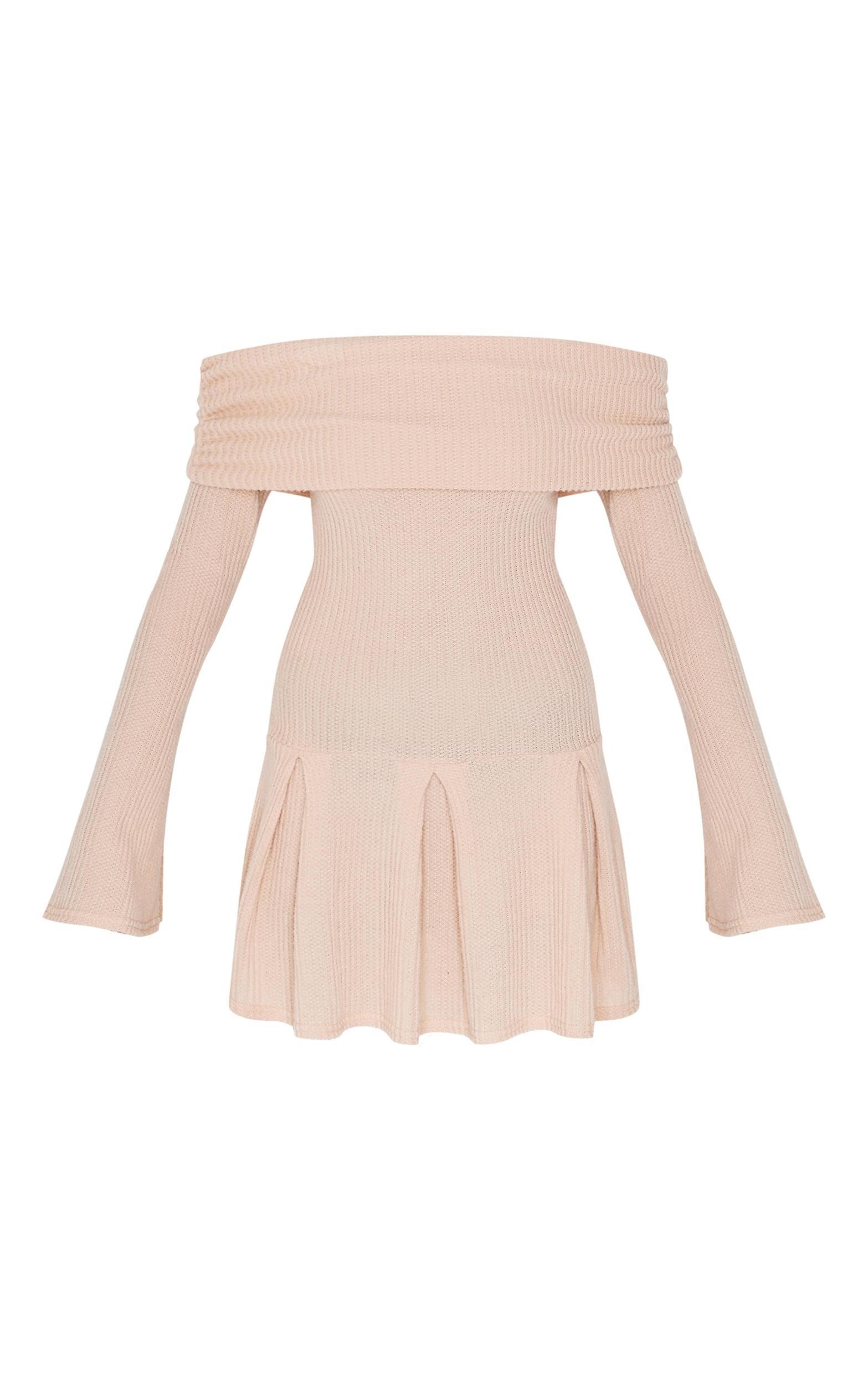 Stone Waffle Textured Bardot Pleated Shift Dress Product Image