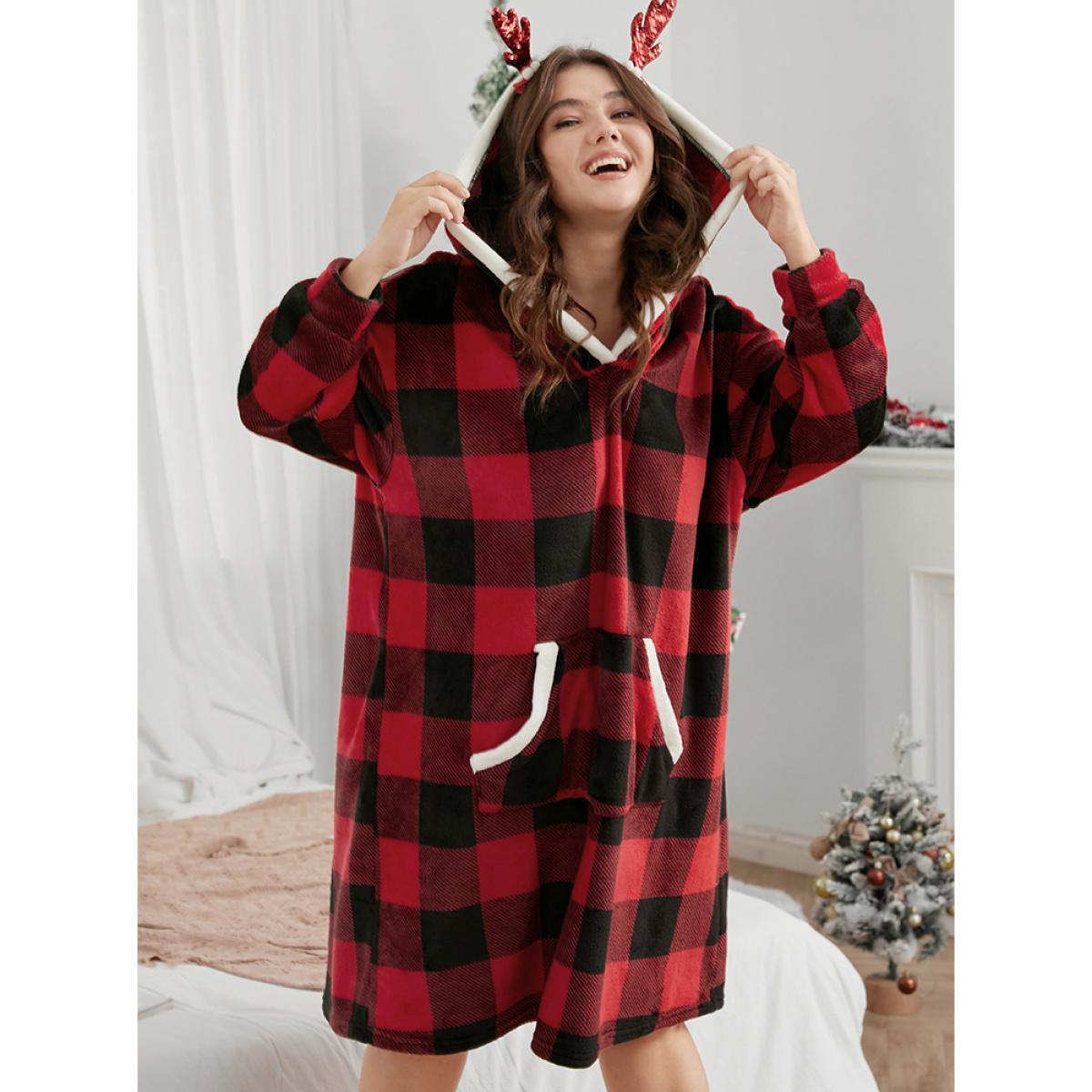 Plus Size Plaid Fuzzy Trim Pocket Hooded Dress Women Scarlet Casual Plaid Contrast Hooded Pocket Loungewear BloomChic 18-20/2X Product Image
