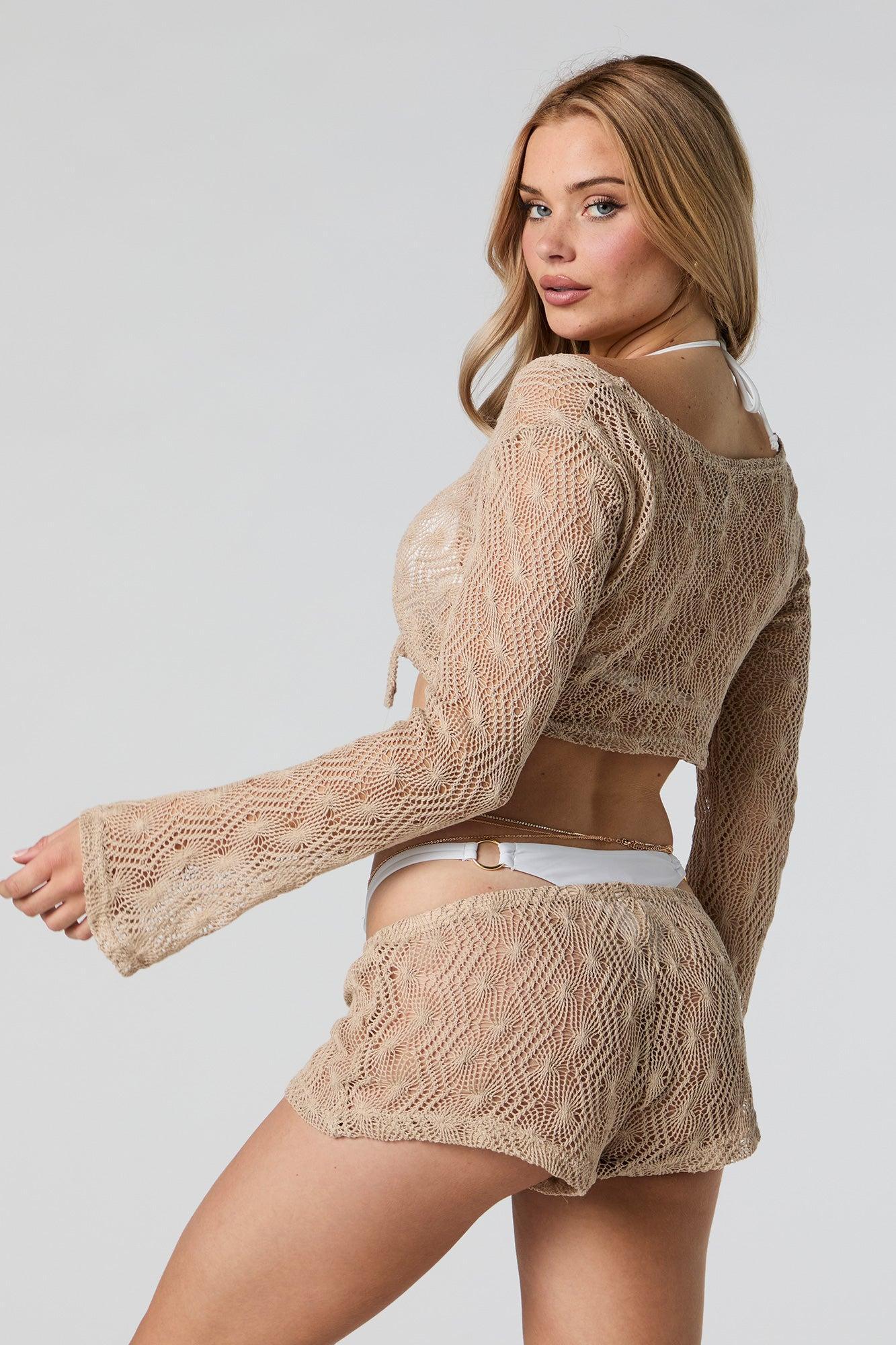 Crochet Tie Front Long Sleeve Cover-Up Female Product Image