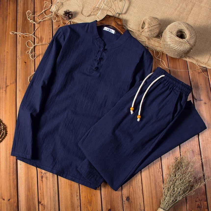 Set: Long-Sleeve Henley Plain Top + Drawstring Waist Straight Leg Pants Product Image