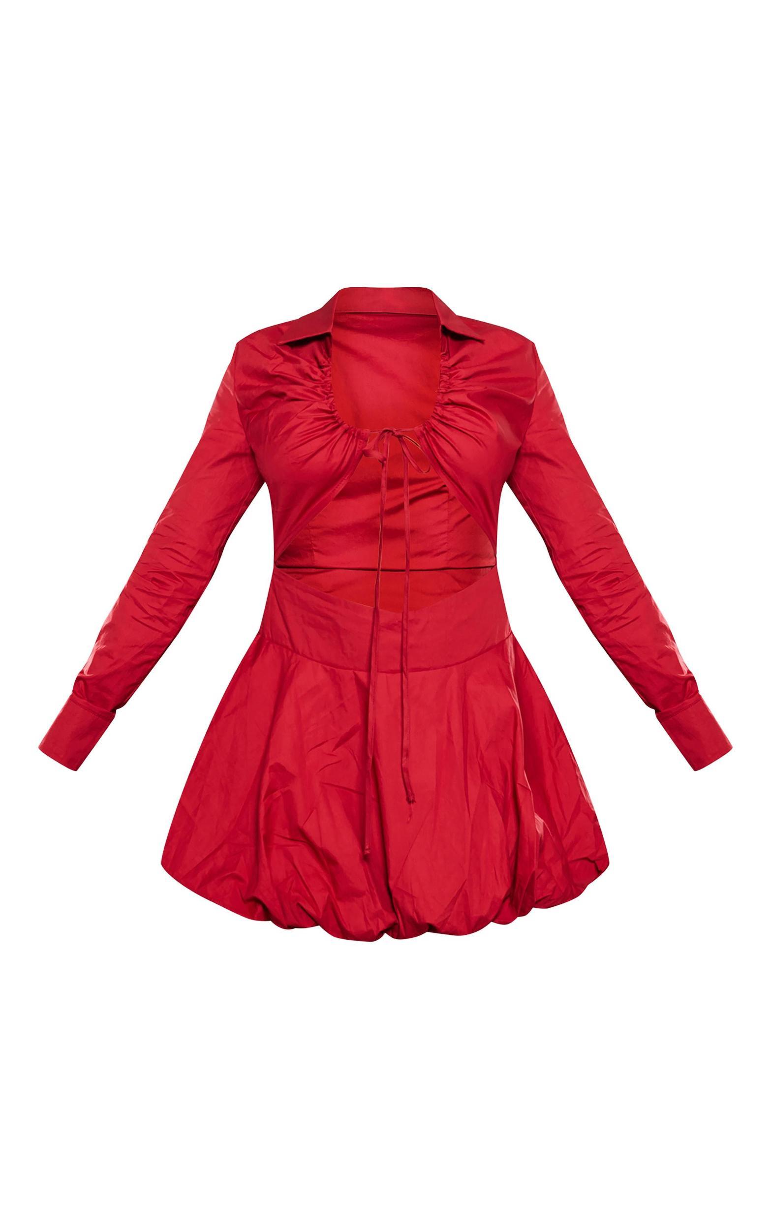 Red Ruched Cut Out Detail Puffball Dress Product Image