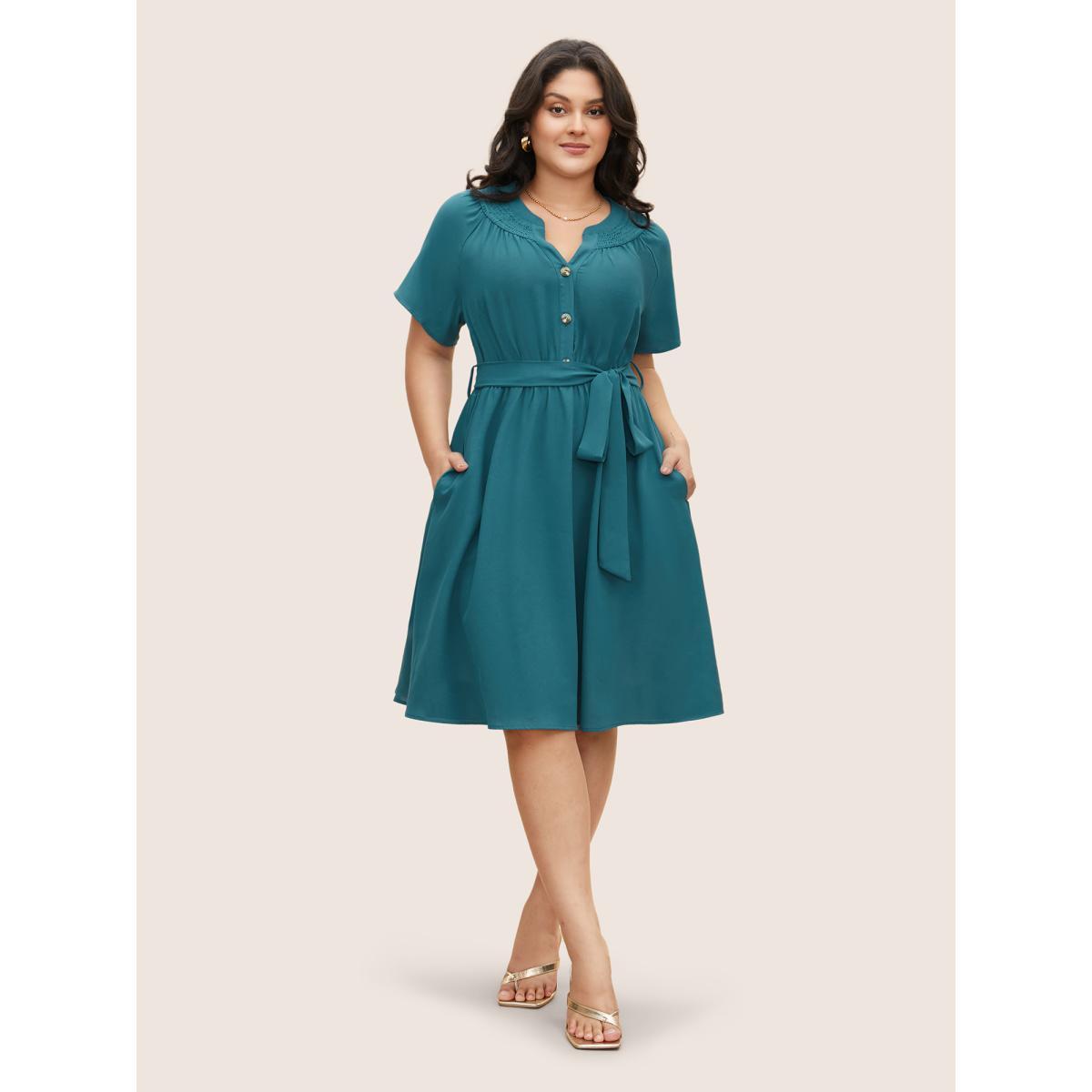 Plus Size Shirred Notched Button Up Belted Dress Aegean Women Elegant Gathered Flat collar with V-notch Short sleeve Curvy BloomChic 28/5X Product Image