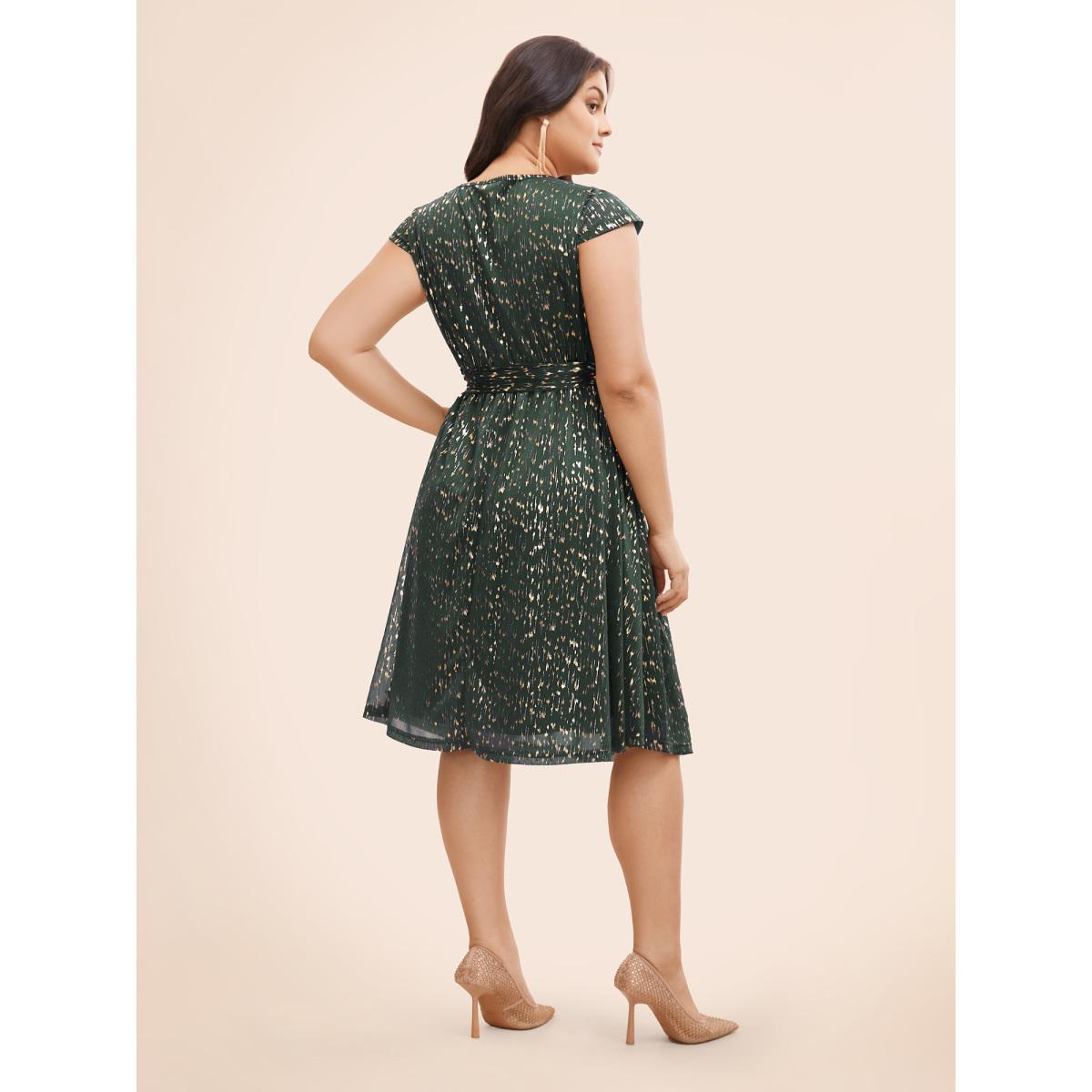 Plus Size Glitter Geometric Cap Sleeve Belted Dress DarkSlateGray Women Cocktail Texture V-neck Cap Sleeve Curvy BloomChic 14-16/1X Product Image