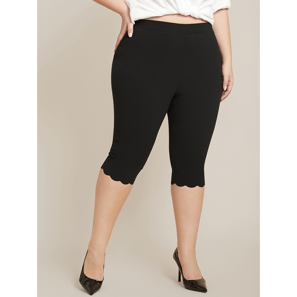 Plus Size Solid Scalloped Trim Elastic Waist Skinny Leggings Women Black Elegant Low stretch Skinny High Rise Everyday Leggings BloomChic 14-16/1X Product Image