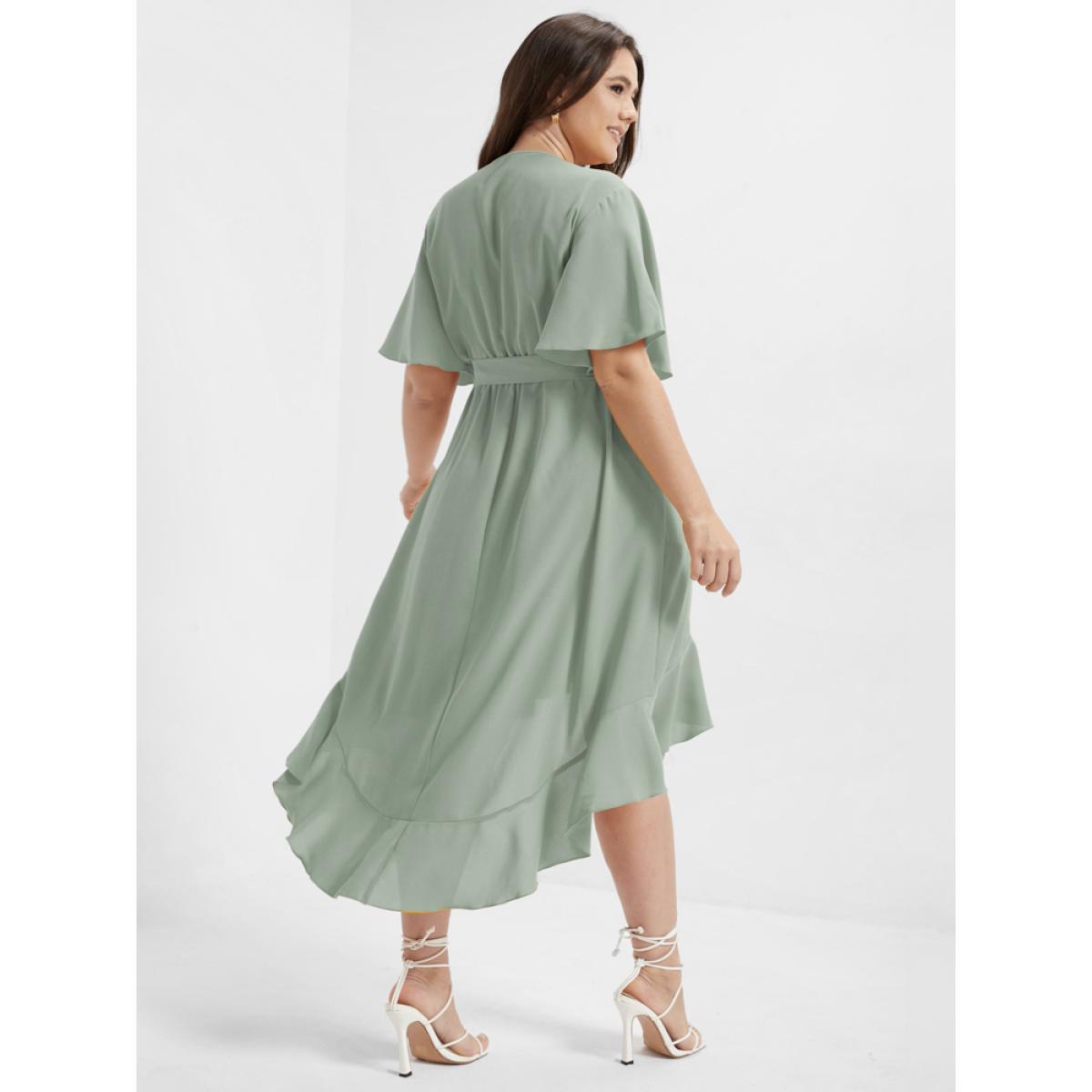 Plus Size Bloom Dress - Solid Tie Surplice Ruffle High Low Dress LightGreen Women Elegant Cross straps V-neck Short sleeve Curvy Midi Dress BloomChic 16/1X Product Image