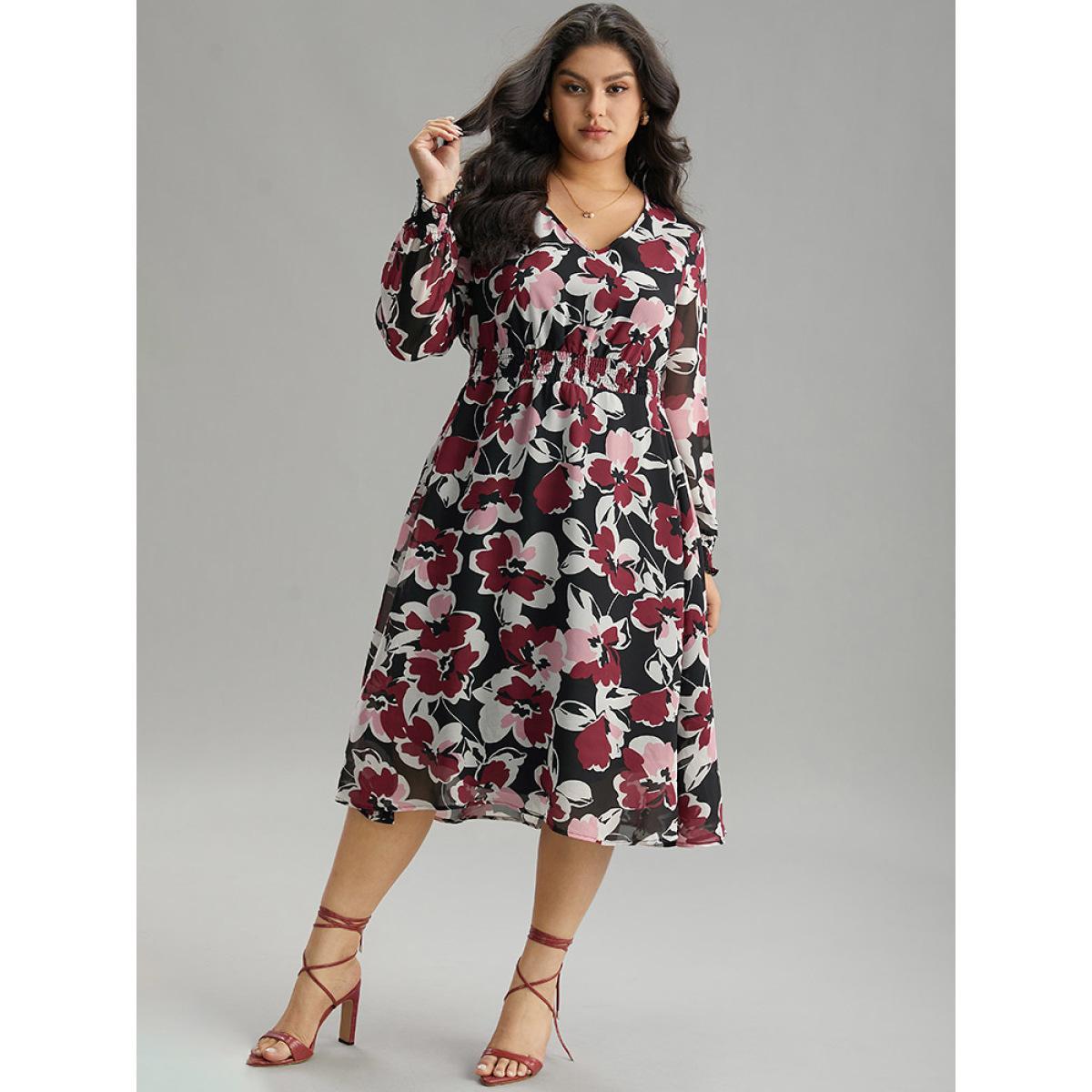 Plus Size Floral Print Chiffon Shirred Elastic Cuffs Dress Black Women Elegant Printed V-neck Long Sleeve Curvy Midi Dress BloomChic 22-24/3X Product Image