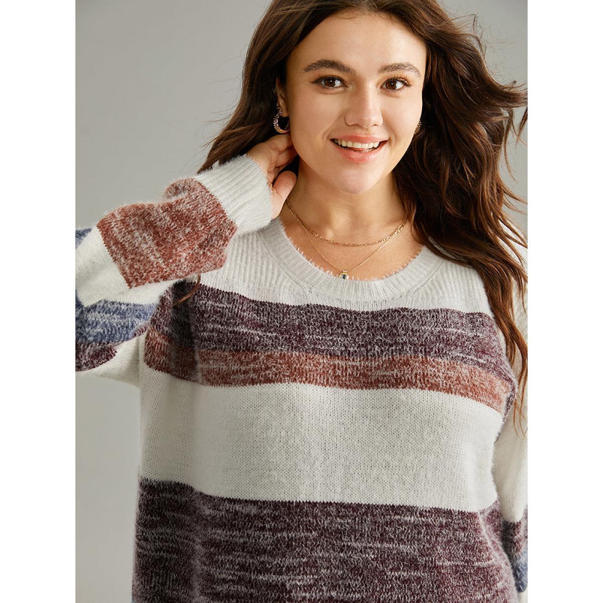 Plus Size Colorblock Fuzzy Drop Shoulder Pullover Multicolor Women Casual Loose Long Sleeve Round Neck Dailywear Pullovers BloomChic 10/M Product Image