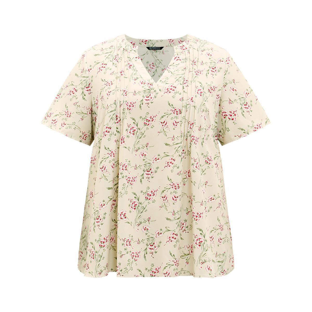 Plus Size Beige Floral Print Notched Pleated Detail Blouse Women Elegant Short sleeve Notched collar Dailywear Blouses BloomChic 18-20/2X Product Image