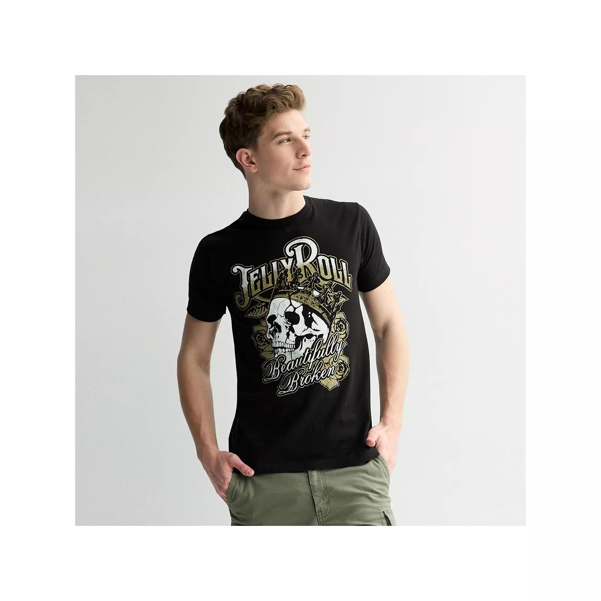 Men's Jelly Roll "Beautifully Broken" Skull and Flowers Graphic Tee, Size: Medium, Black Product Image