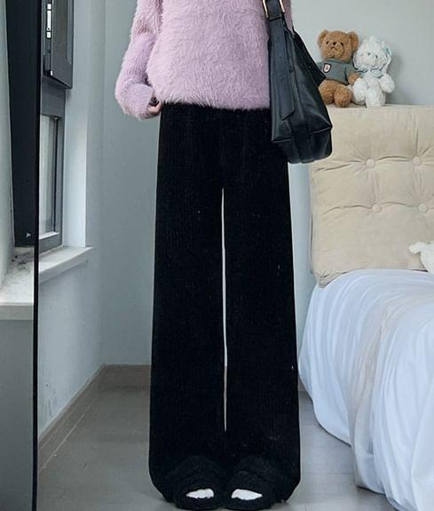 High Rise Plain Ribbed Loose Fit Pants Product Image