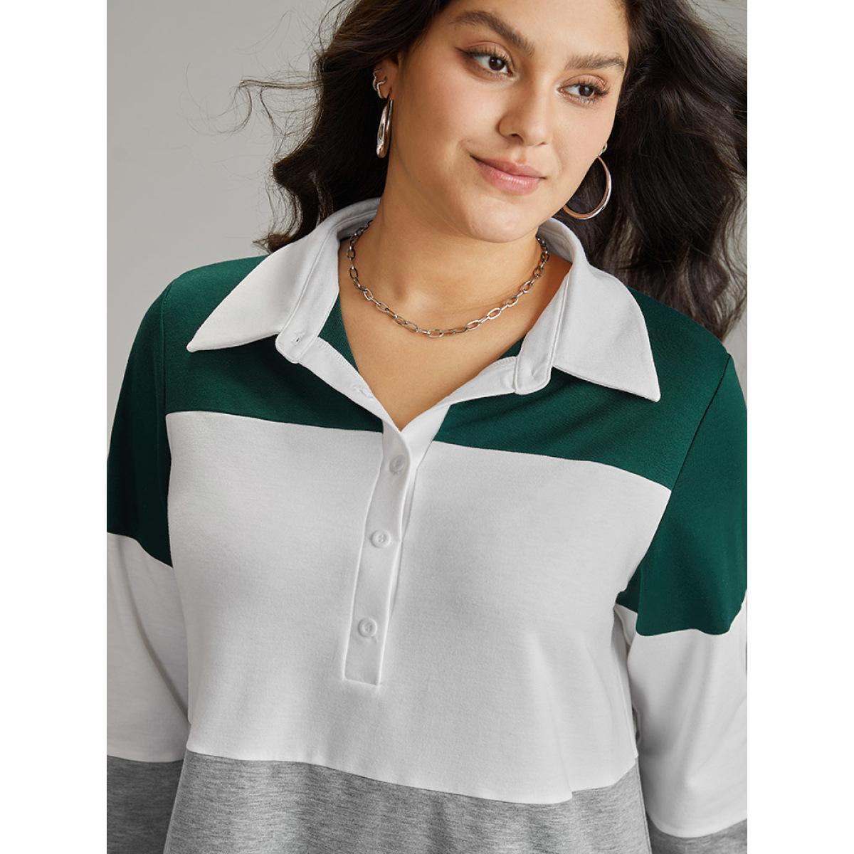 Plus Size Colorblock Contrast Button Up Polo Sweatshirt Women Multicolor Casual Contrast Polo Dailywear Sweatshirts BloomChic 28/5X Product Image