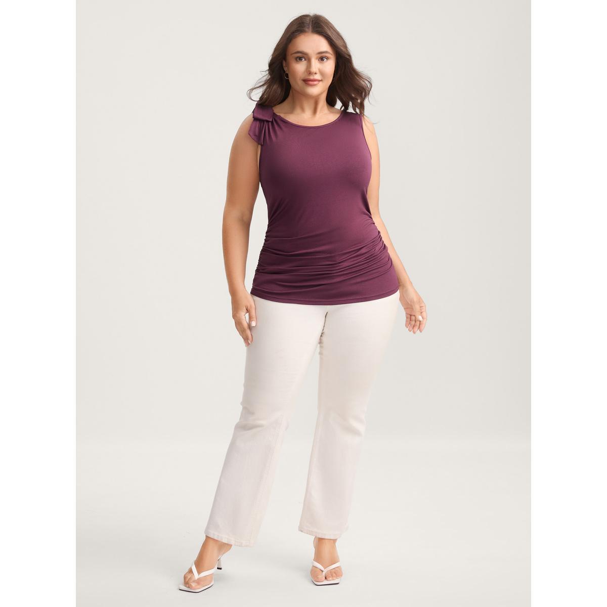 Plus Size Bow-Tie Ruched Waist Solid Tank Top Women Plum Tie knot Round Neck Everyday-Elegant Tank Tops Camis BloomChic 14-16/1X Product Image