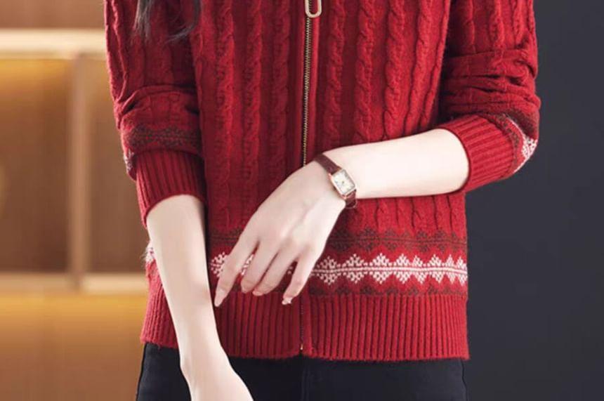 Stand Collar Patterned Zip Cable Knit Cardigan Product Image