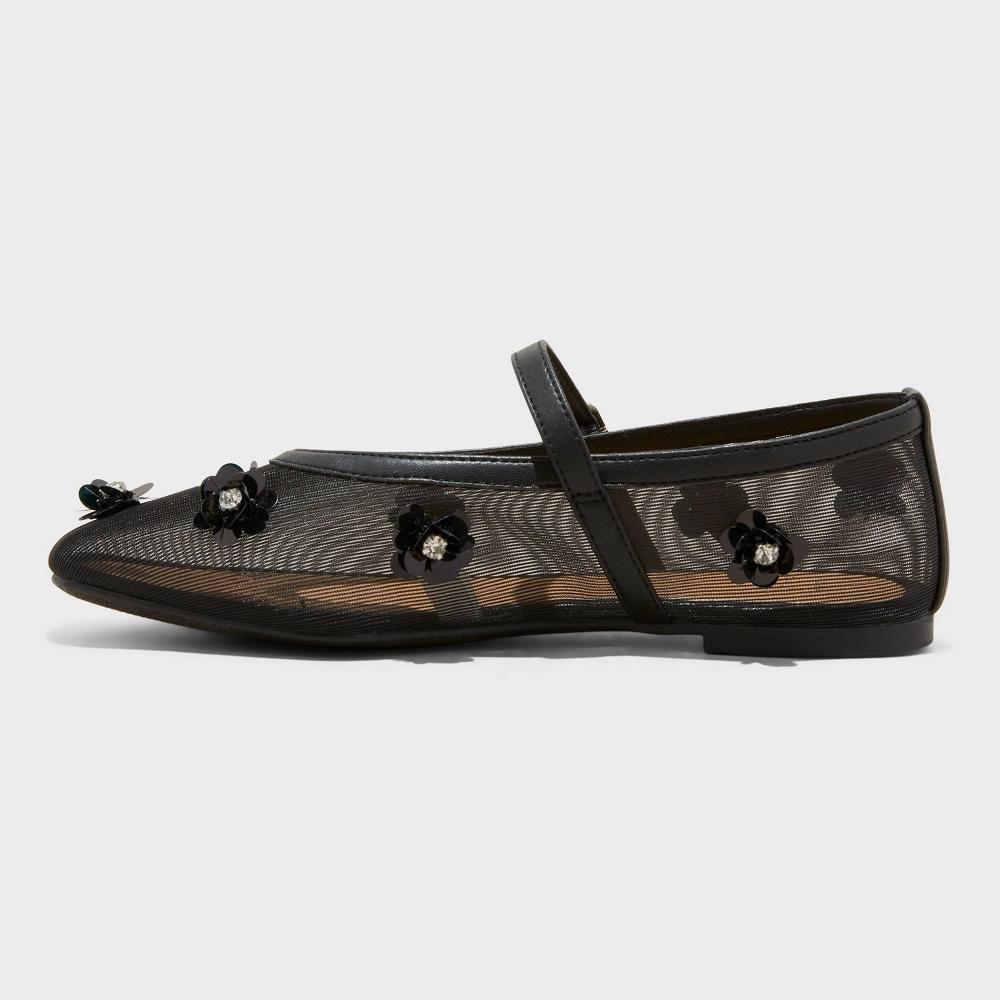 Womens Everly Mesh Floral Mary Jane Ballet Flats - A New Day Black 11: Solid Pattern Toe, Instep Strap, Medium Width Product Image