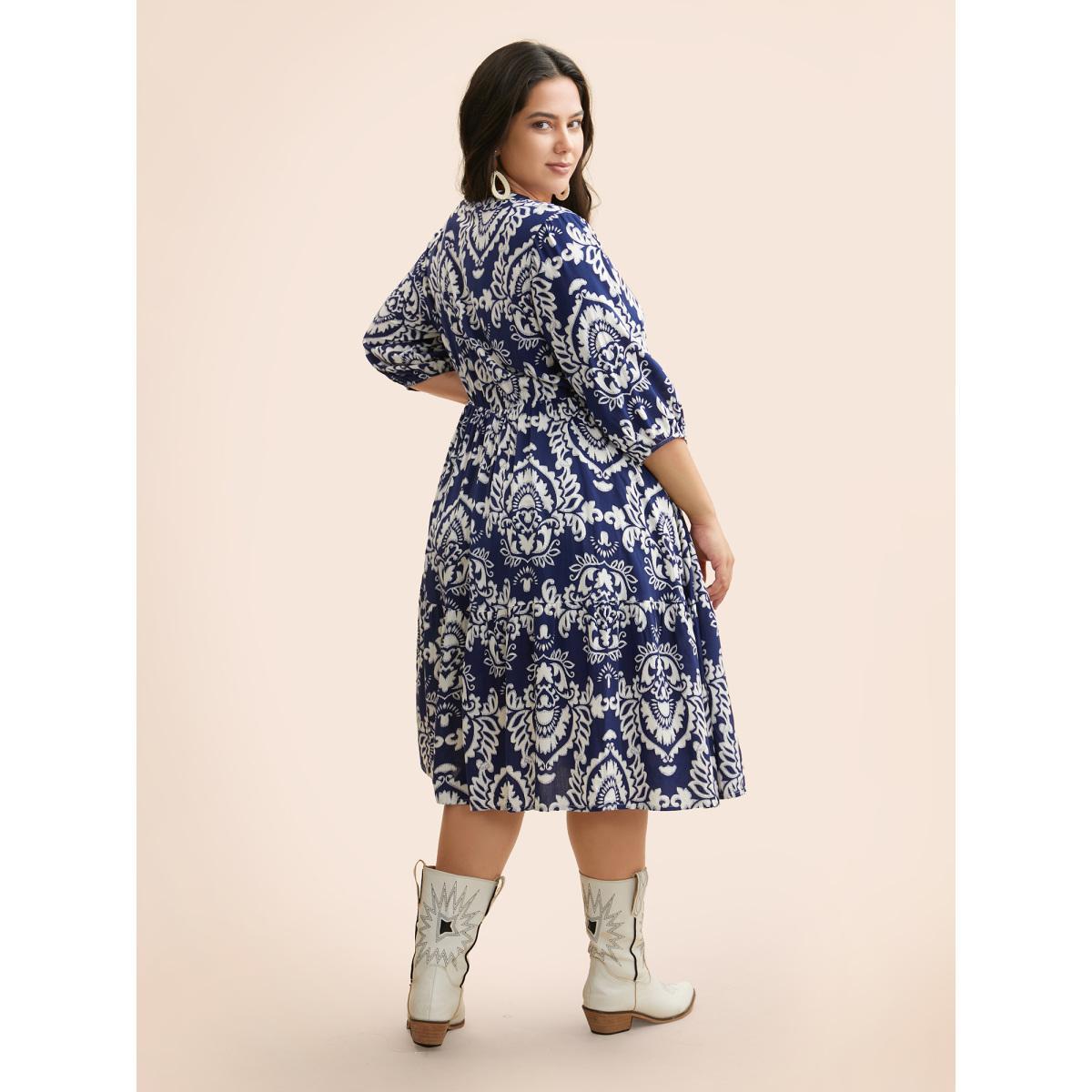 Plus Size Damask Print Tie Knot Puff Sleeve Dress Indigo Women Resort Tie knot V-neck Elbow-length sleeve Curvy BloomChic 14-16/1X Product Image
