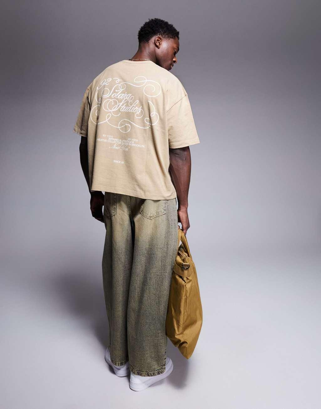 ASOS DESIGN boxy oversized T-shirt in heavyweight 220gsm washed beige with text graphic Product Image