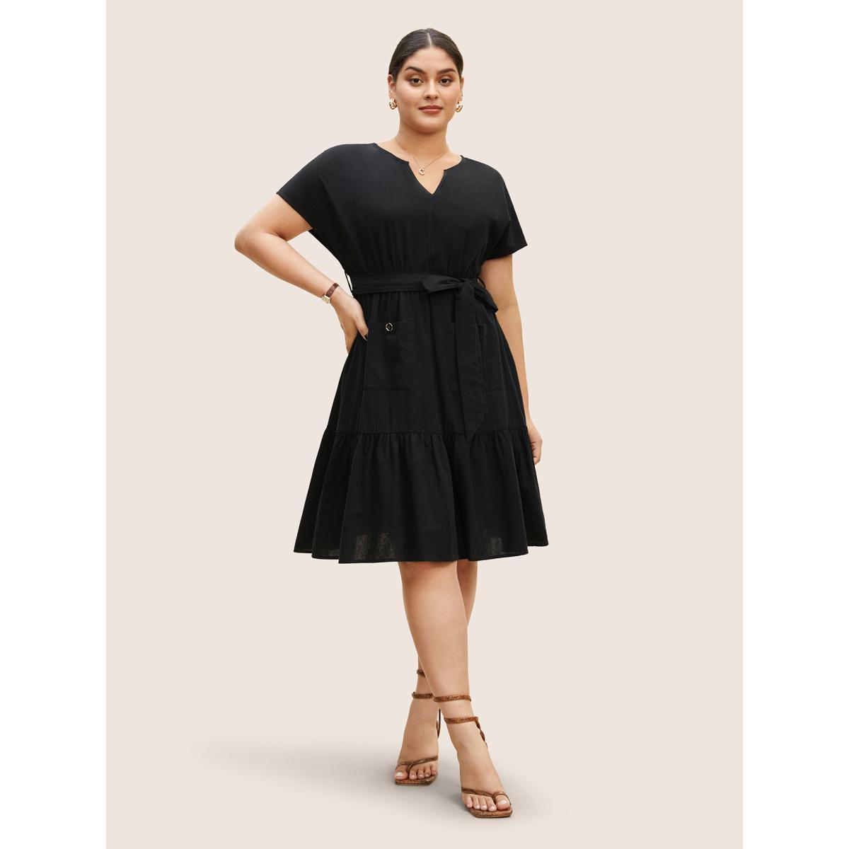Plus Size Solid Patched Pocket Belted Batwing Sleeve Dress Black Women Work From Home Belted Notched collar Short sleeve Curvy BloomChic 22-24/3X Product Image