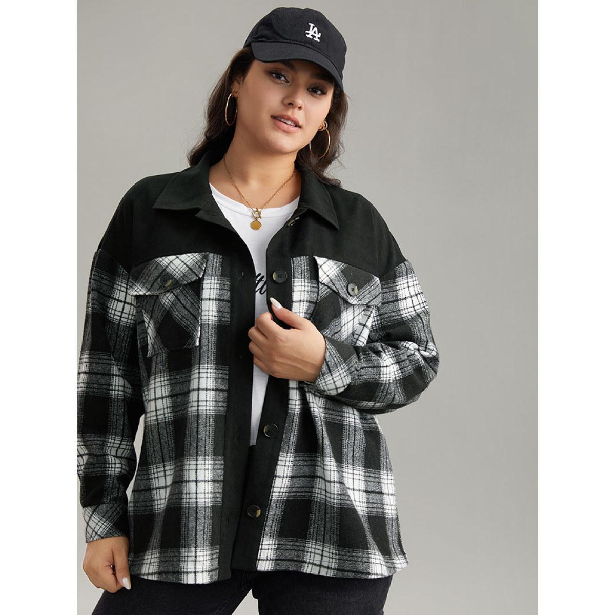 Plus Size Plaid Patchwork Patched Pocket Button Through Shacket Women Black Casual Contrast Ladies Dailywear Winter Coats BloomChic 26/4X Product Image