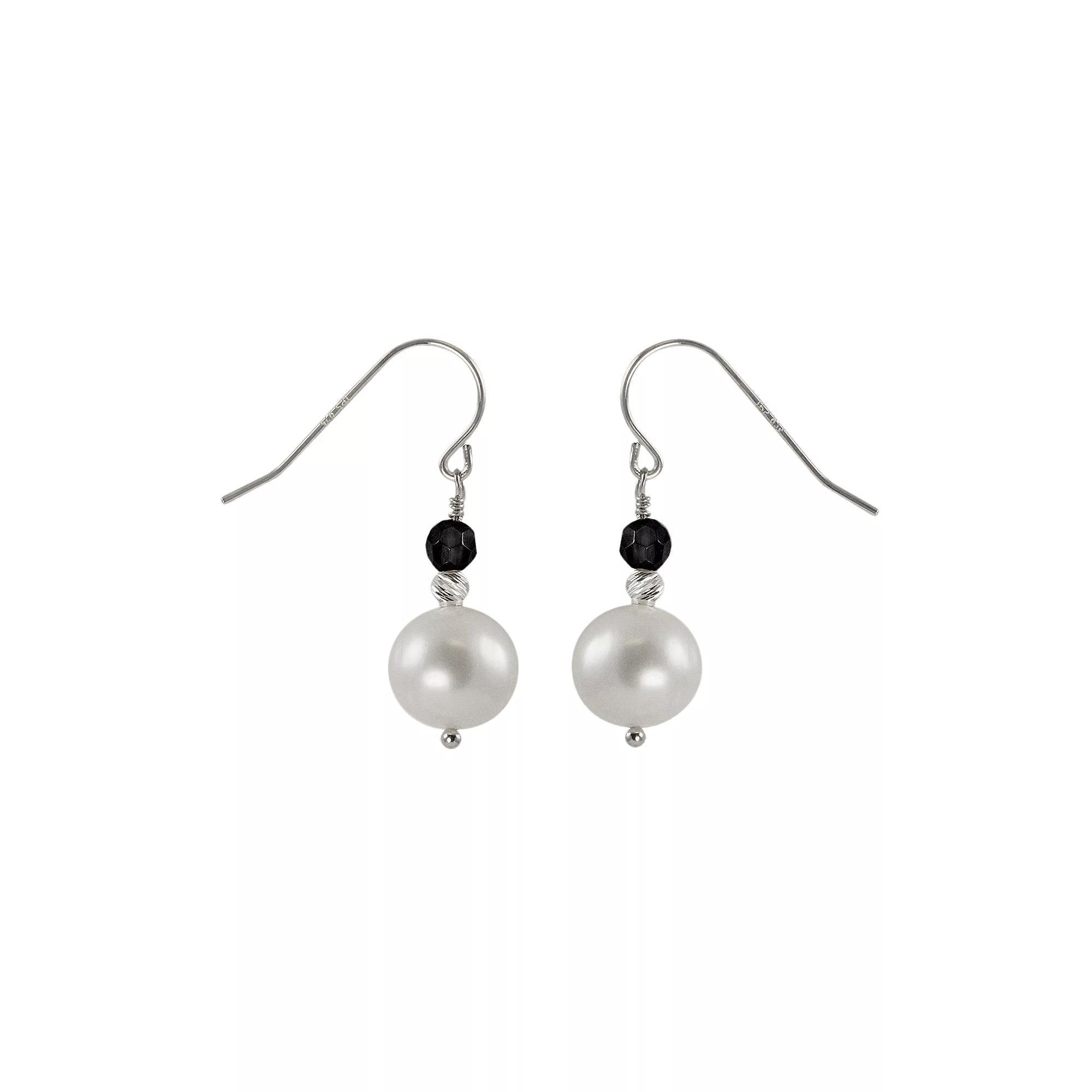 Sterling Silver Freshwater Cultured Pearl & Onyx Bead Drop Earrings, Womens Product Image