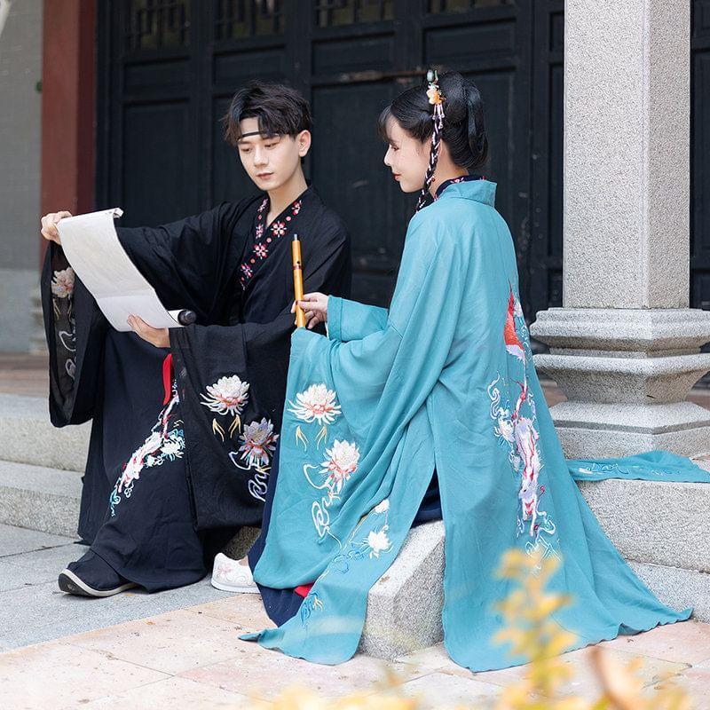 Couple Matching Fox Floral Embroidered Hanfu Jacket / Top / High Waist Maxi A-Line Skirt / Set Product Image