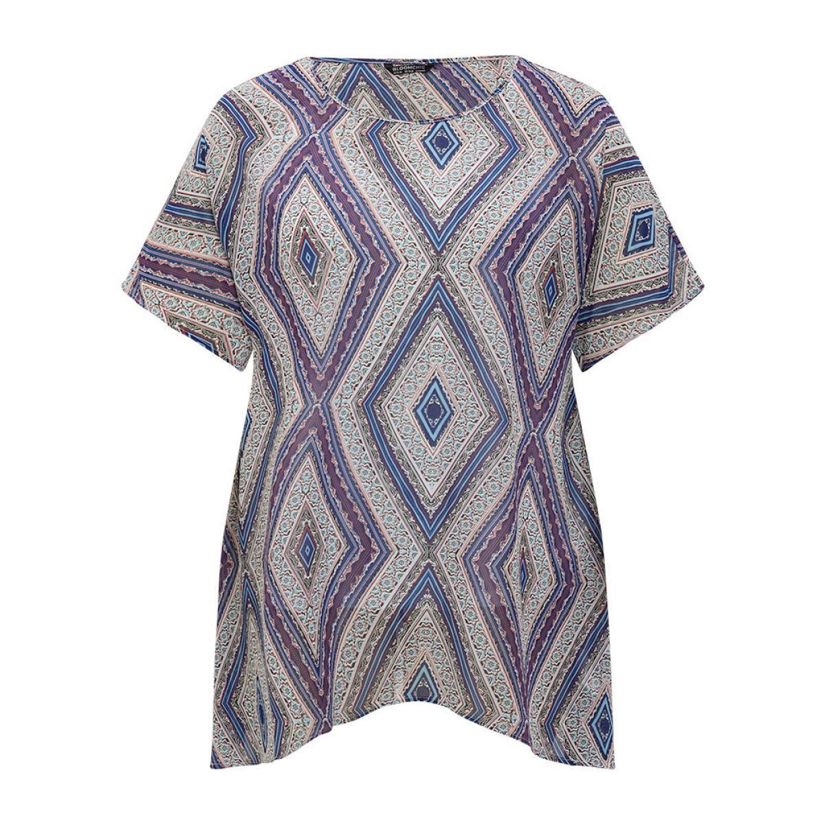 Plus Size Blue Moroccan Print Asymmetrica Hem Batwing Sleeve Blouse Women Vacation Short sleeve Round Neck Dailywear Blouses BloomChic 18-20/2X Product Image