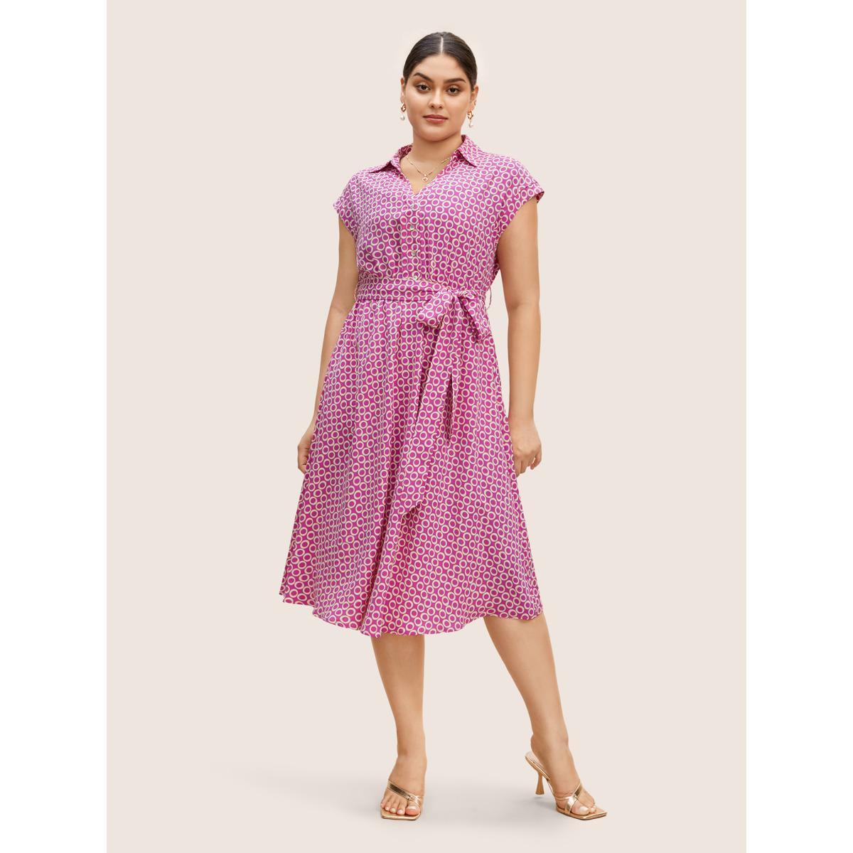 Plus Size Geometric Shirt Collar Cap Sleeve Midi Dress RedViolet Women Work From Home Belted Shirt collar Cap Sleeve Curvy BloomChic 14-16/1X Product Image