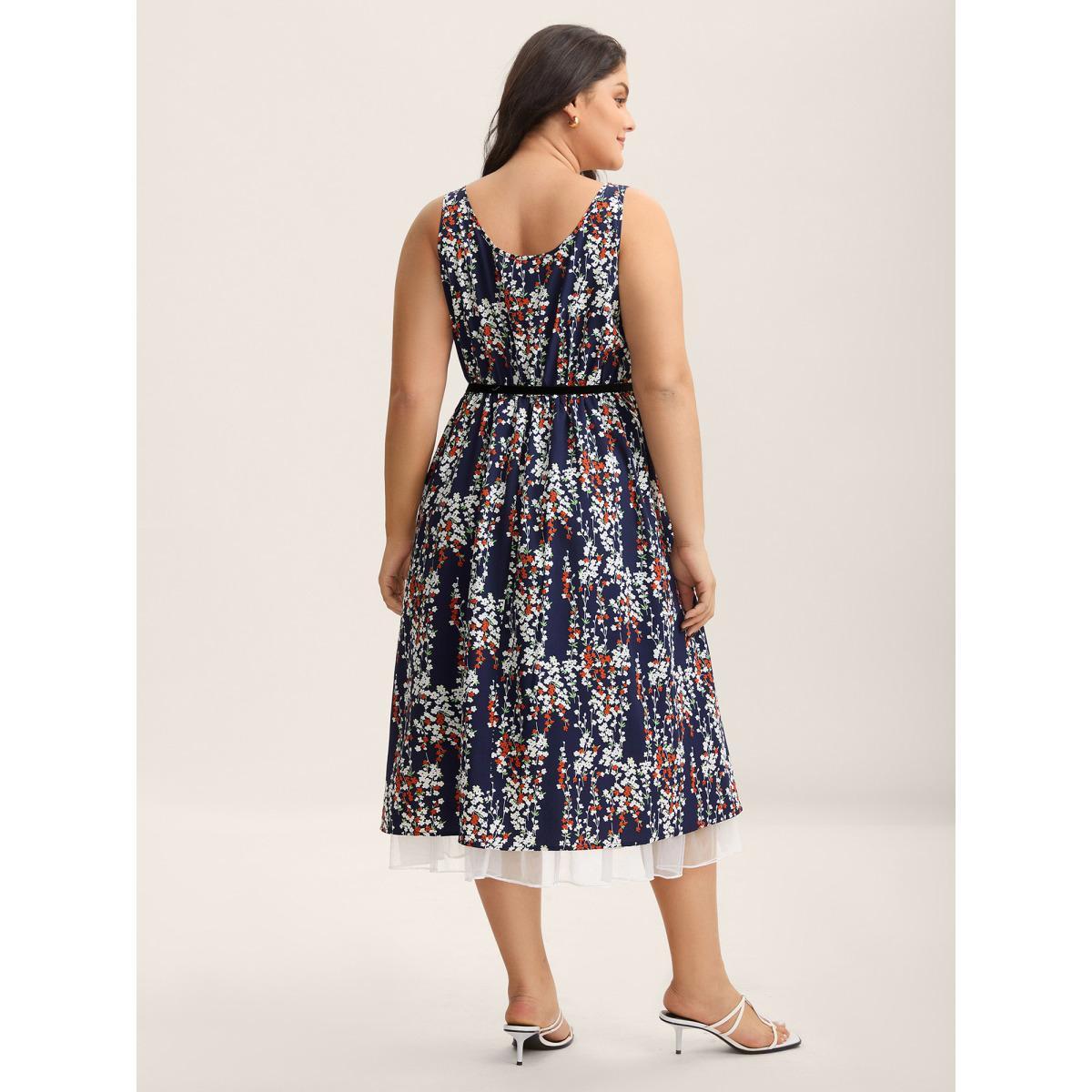 Plus Size Ditsy Floral Print Lace Hem Midi Dress Indigo Women Square Neck Sleeveless Curvy BloomChic 28/5X Product Image