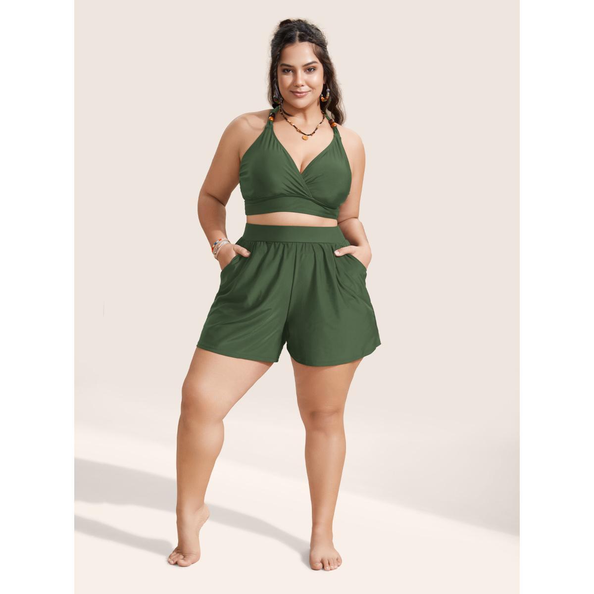 Plus Size High Waisted Pockets Solid Pleated Swim Bottom Women's Swimwear ArmyGreen Beach Gathered High stretch Bodycon High Rise Slanted pocket Curve Swim Bottoms BloomChic 30/6X Product Image
