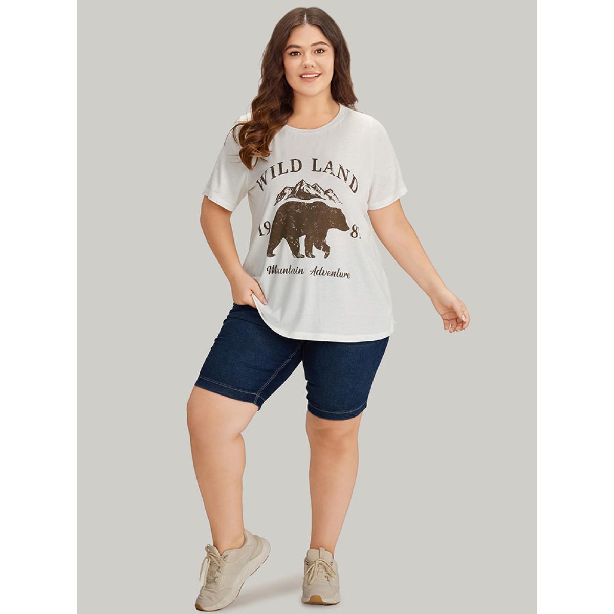 Plus Size Letter & Bear Round Neck Sleeve T-shirt White Women Casual Printed Animal Dailywear T-shirts BloomChic 28/5X Product Image
