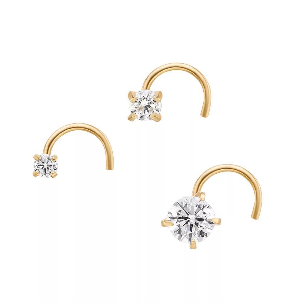 Lila Moon 14k Gold 3-Pair Cubic Zirconia Screw Post Nose Stud Set, Womens Product Image