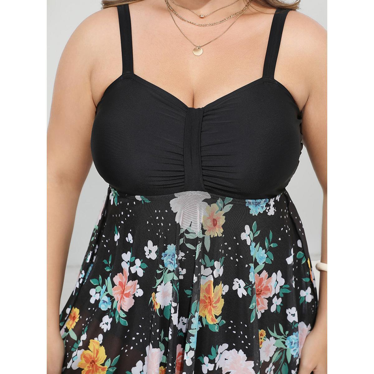 Plus Size Floral Patchwork Ruched Front Hanky Hem Swim Dress Women's Swimwear BlackFlower Vacation Bodycon High stretch Curve Swim Dresses BloomChic 12/L Product Image